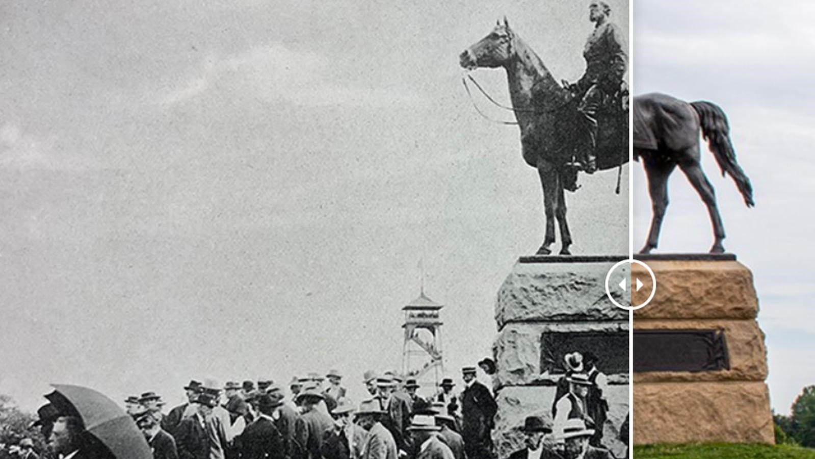 Black and white historic photo of veterans gathered beside monument with a modern image on right.