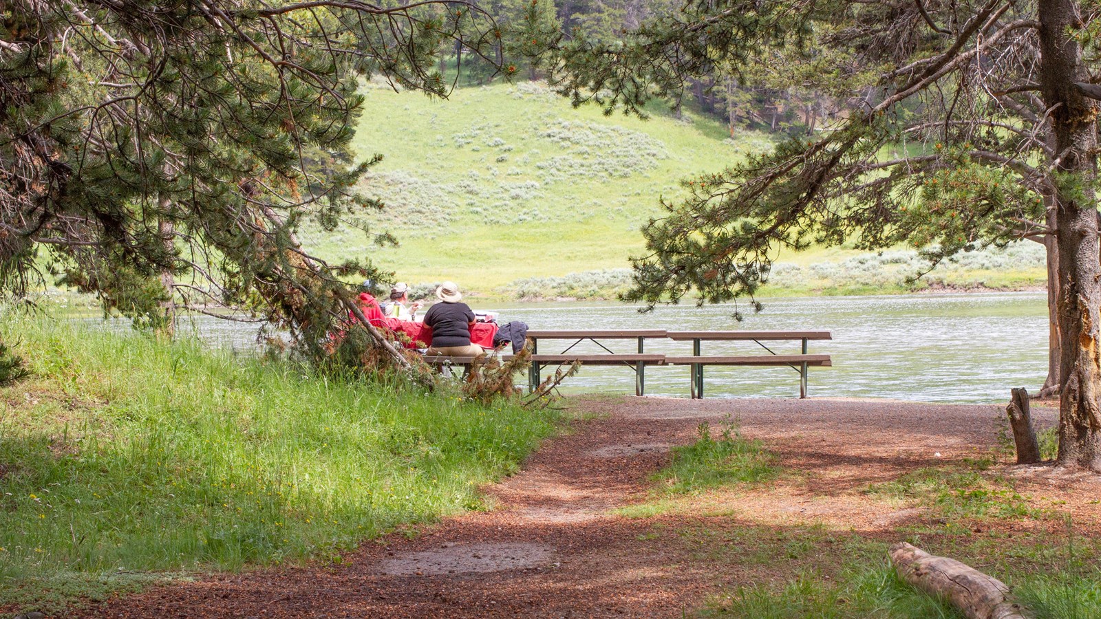 People sit a one of three picnic tables placed near a river with a meadow across the other shore.