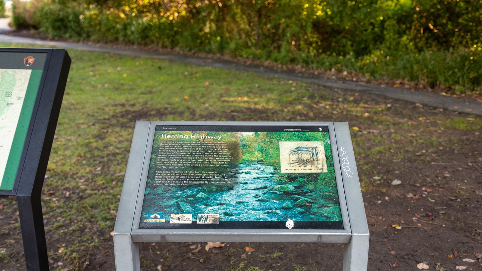 An informational panel in front of a trail. 