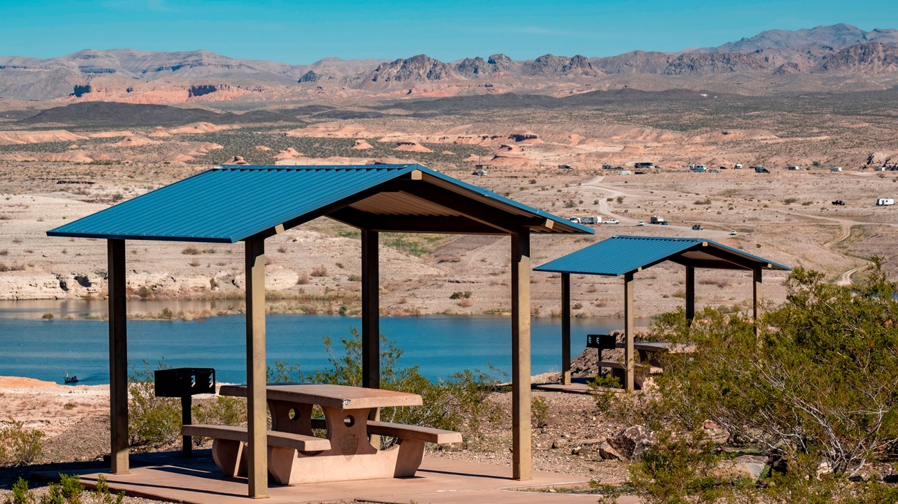 two picnic shelters