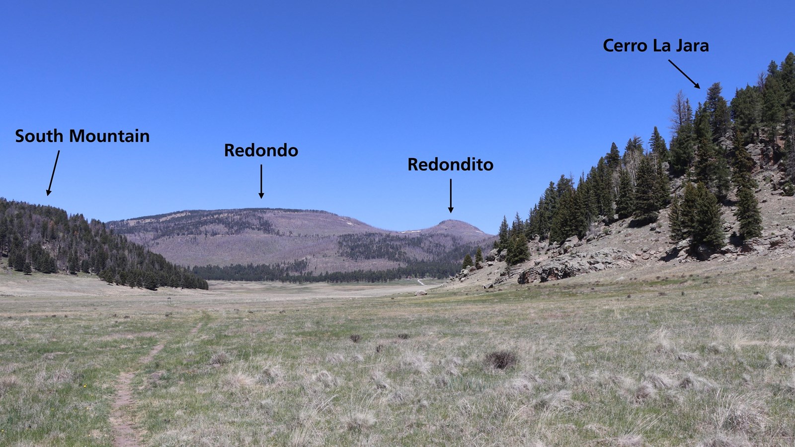 A narrow, dirt path continues through the montane grassland ahead of us toward distant mountains.