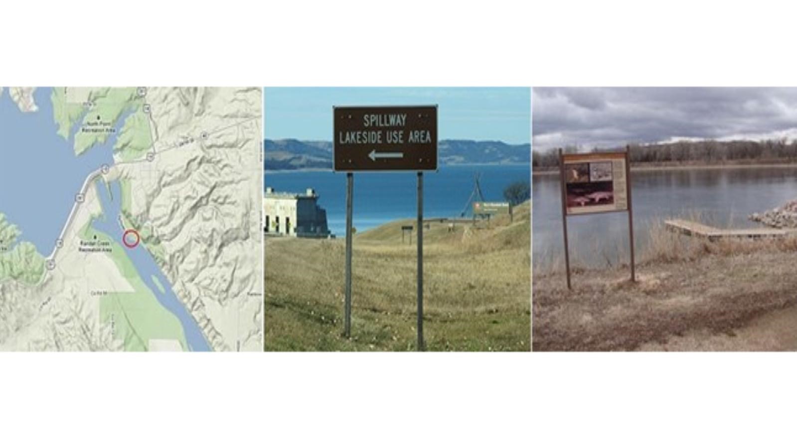 Map location and signage near Fort Randall Dam Spillway river access 