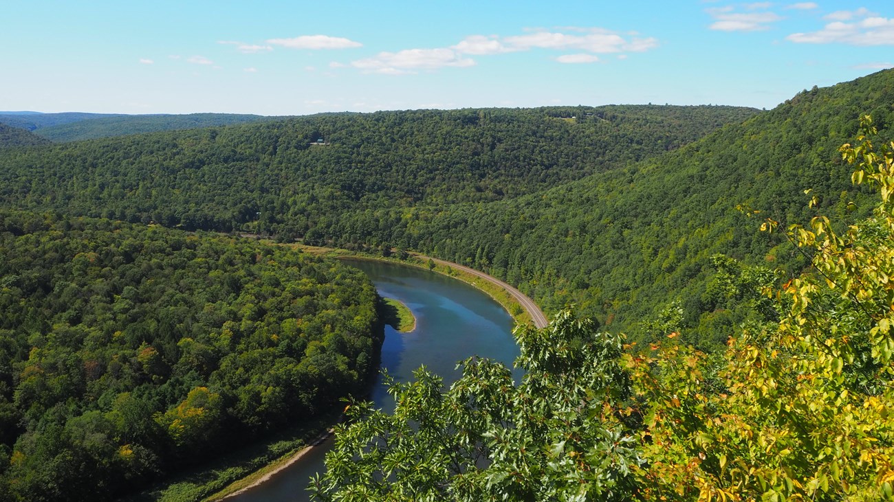 View of lush river valley with azure blue river snaking through trees