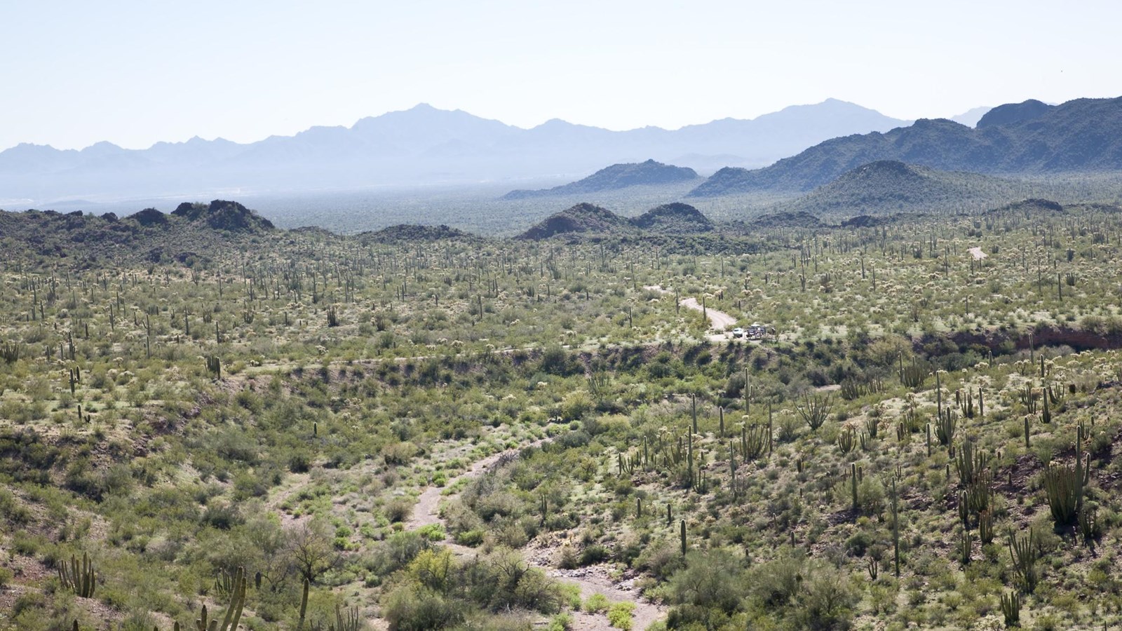 A scenic viewpoint looks down upon a desert wash and vegetated hills, with mountains in the distance