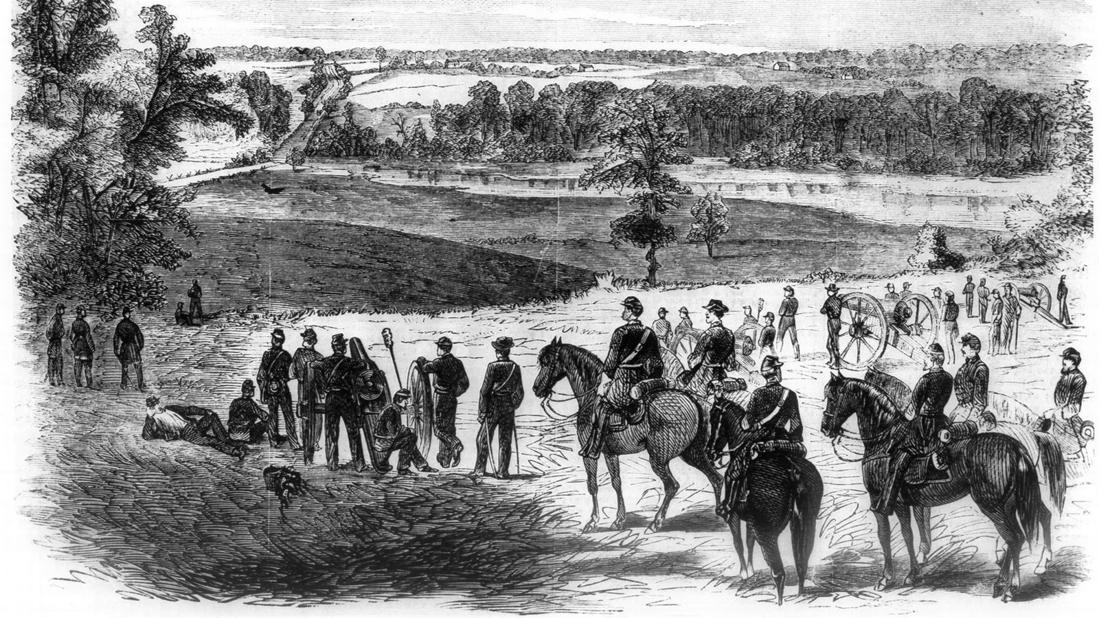 Black and white engraving of U.S. Army officers and cannons on a bluff overlooking a bridge.