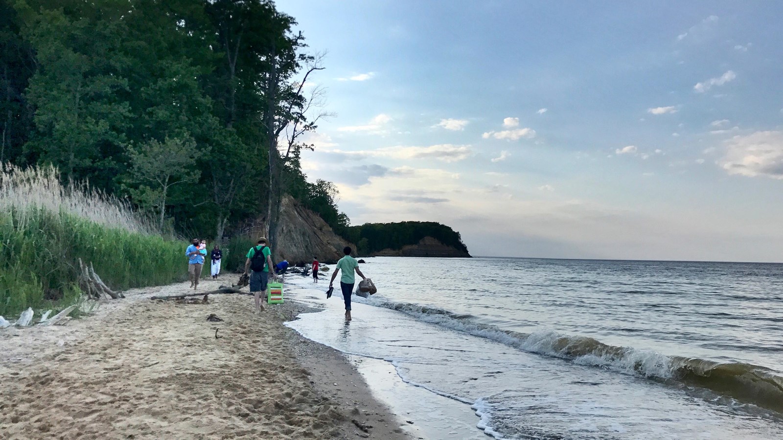 Sandy beach with trees and cliffs on the horizon that drop into the bay