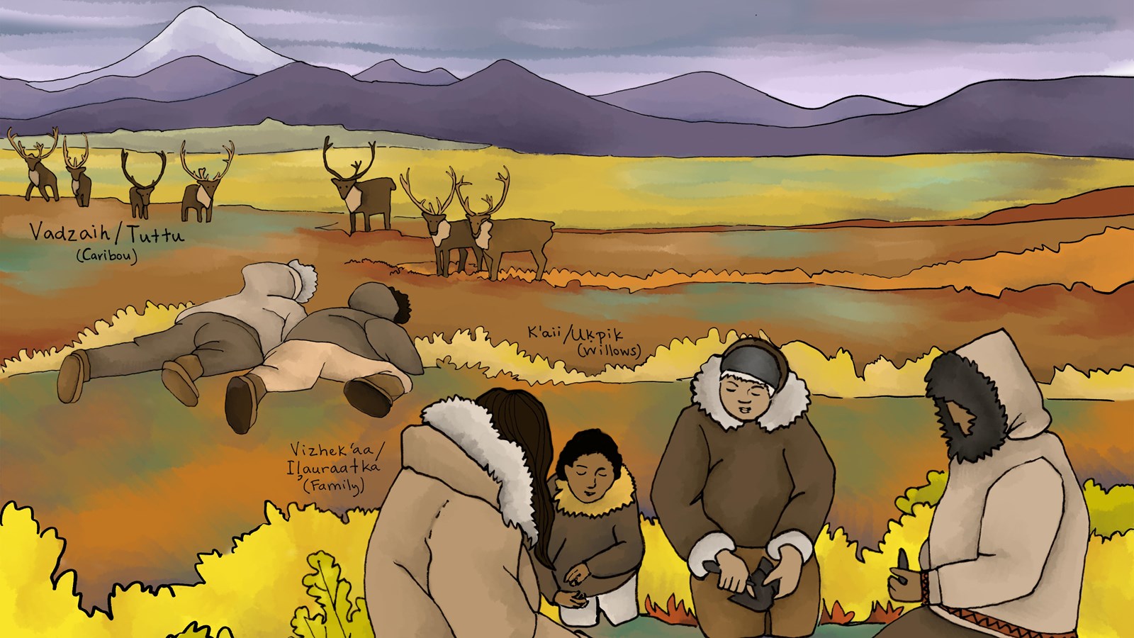 A line drawing with Alaska Native people wearing traditional clothing and caribou on the tundra.