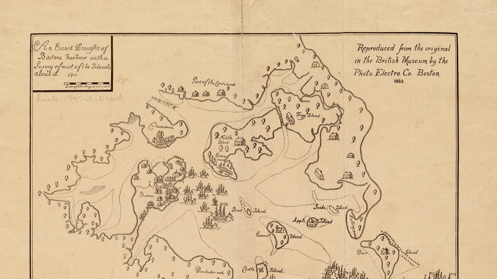 Hand drawn map of the Boston Harbor from an ariel view, includes many islands that no longer exist
