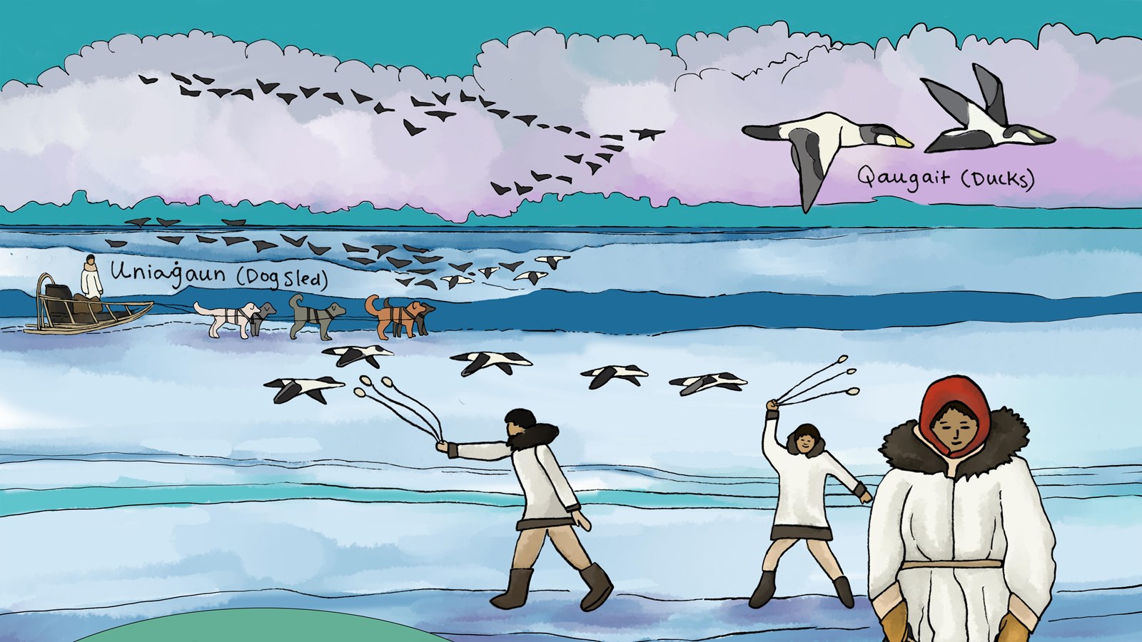 A line drawing depicting Inupiat people wearing traditional clothing and using bolas to hunt ducks.