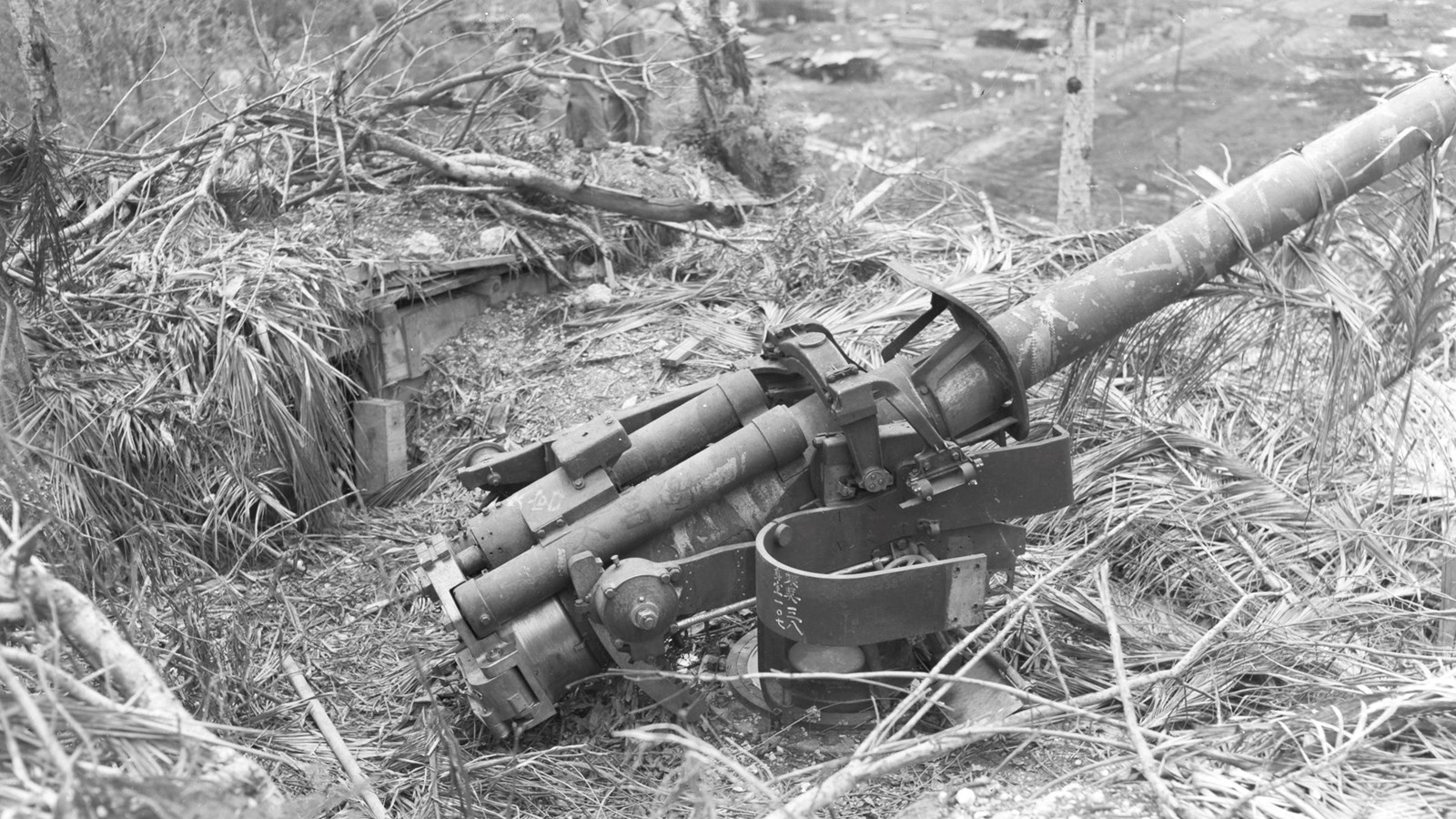 A large machine gun on the edge of a cliff. The area around it has been heavily bombed.