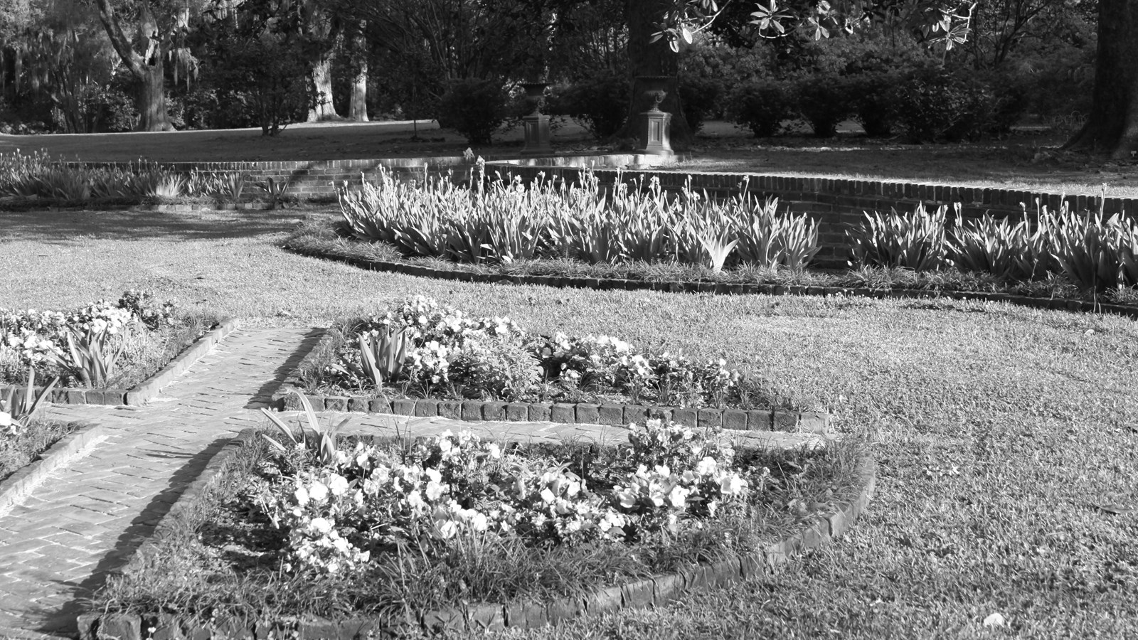 Brick lined circular flower bed with brick paths forming an X through the bed