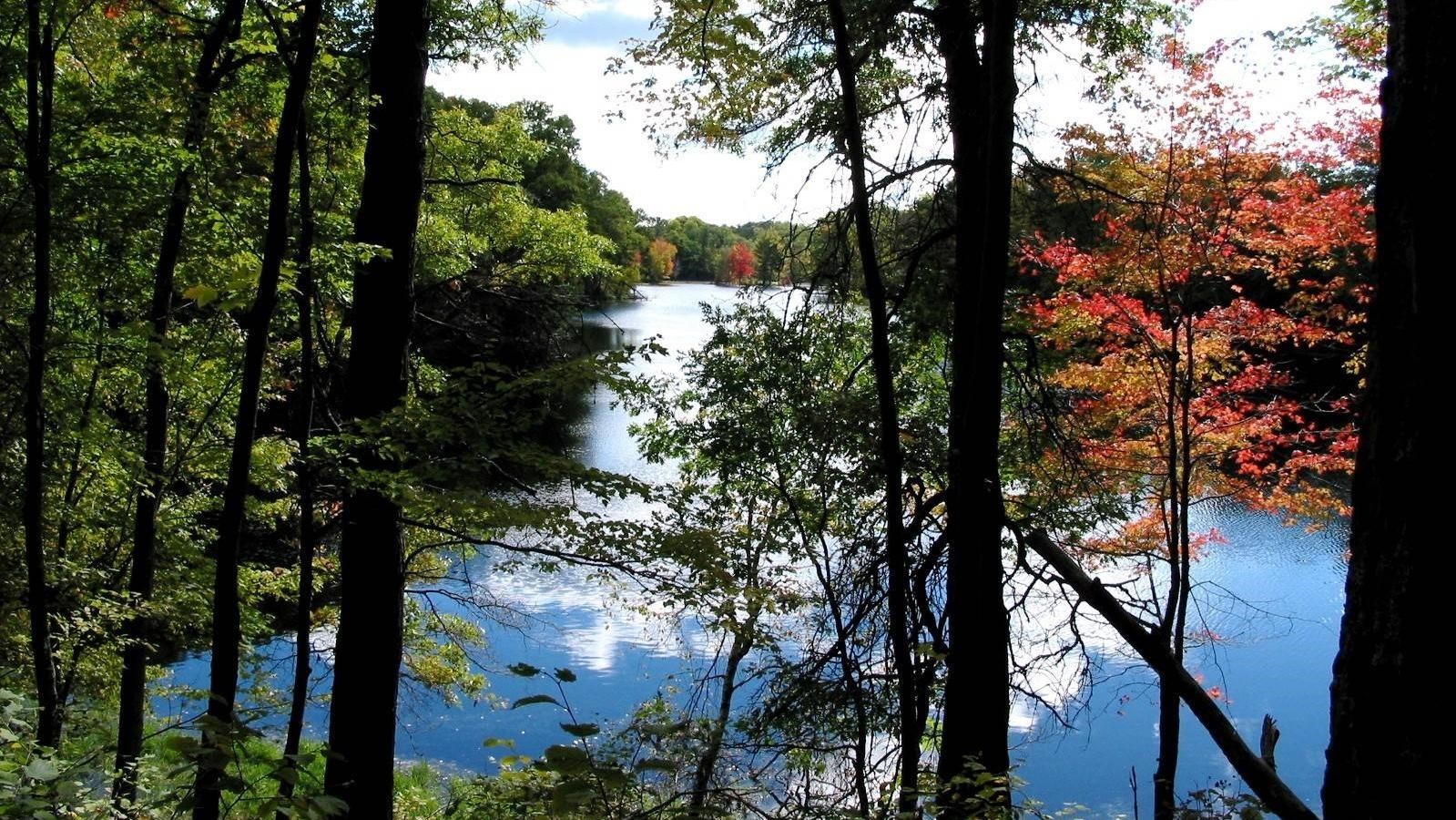 Fall colors are reflected in the still waters of Horseshoe Lake, a kettle lake located near the Chip
