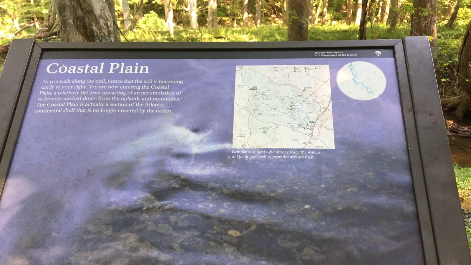 Slanted sign at the edge of the trail overlooks the creek in an open green forest