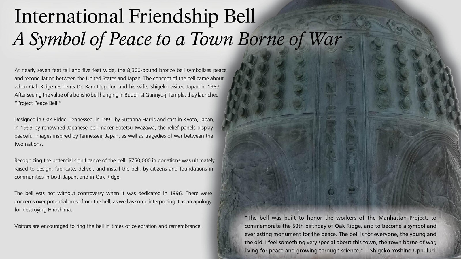 A wayside with text and an image of a large bronze bell.