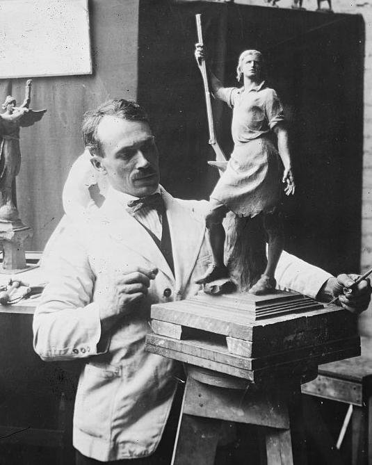 A black and white photo of artist Albin Polasek