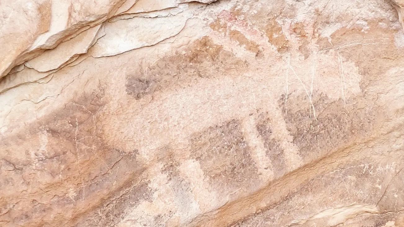 An animal like figure carved into the surface of sandstone.