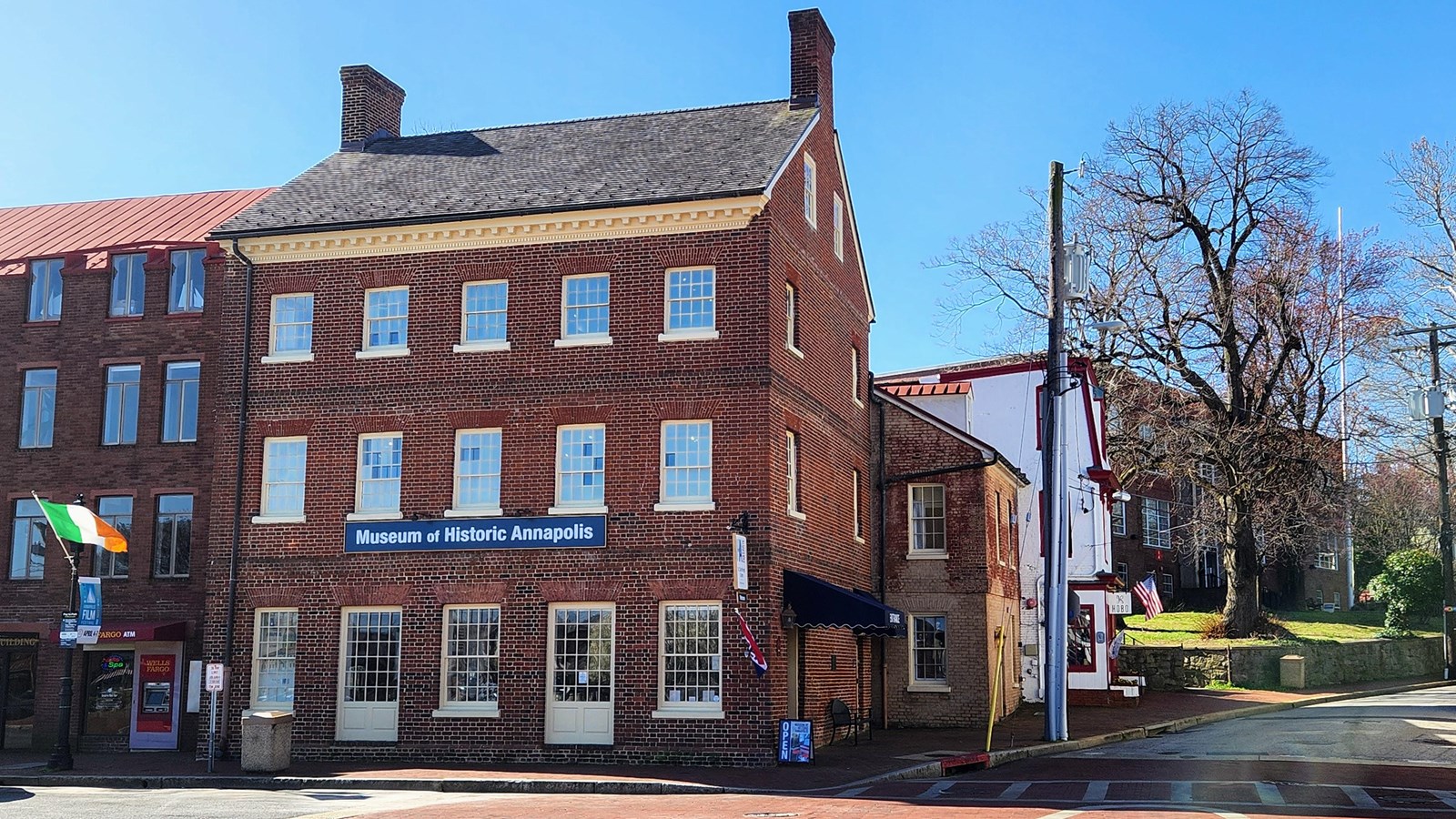 A three story brick building.