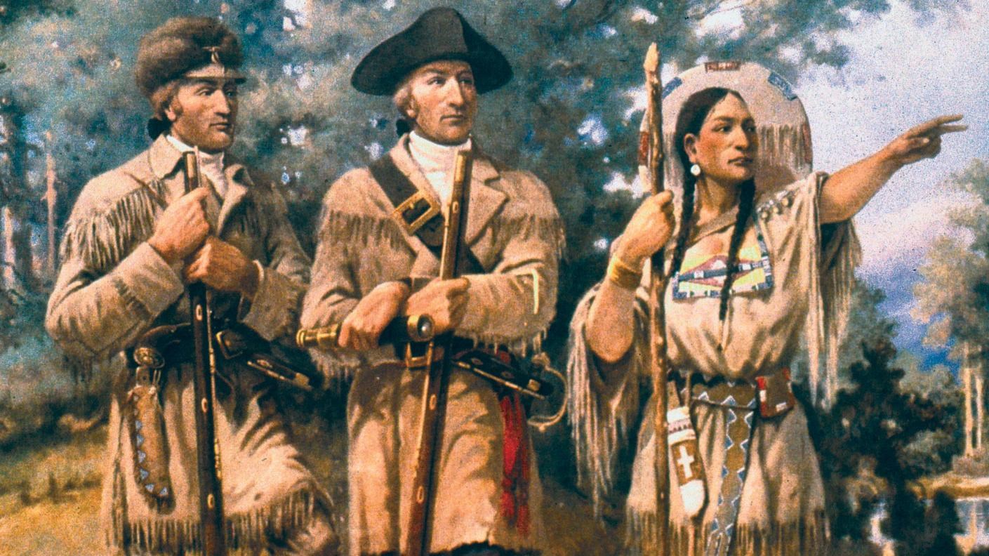 Woman in Native American attire points out something to two men in colonial American clothing. 