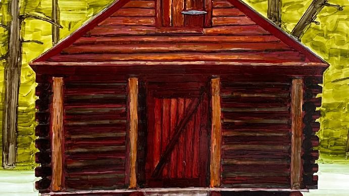 Color illustration of a historic wooden shed with lush forest behind it.