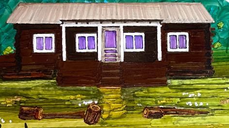 Color illustration of a cabin with elk in front of it.