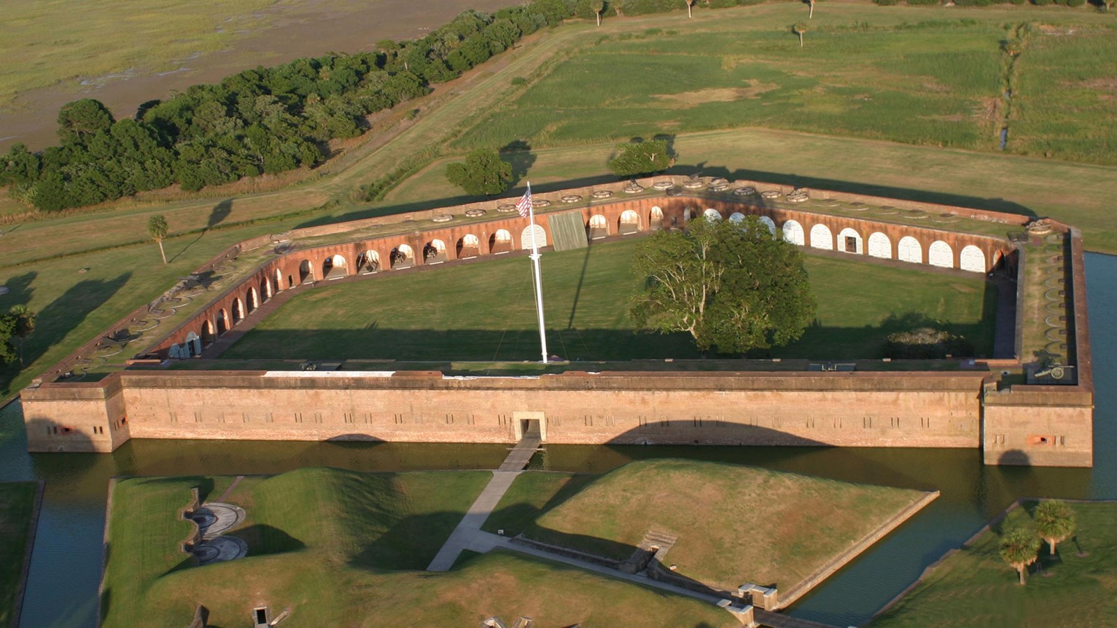 In this aerial view of Fort Pulaski you can see the 5 walls of brick that make up the fort.  