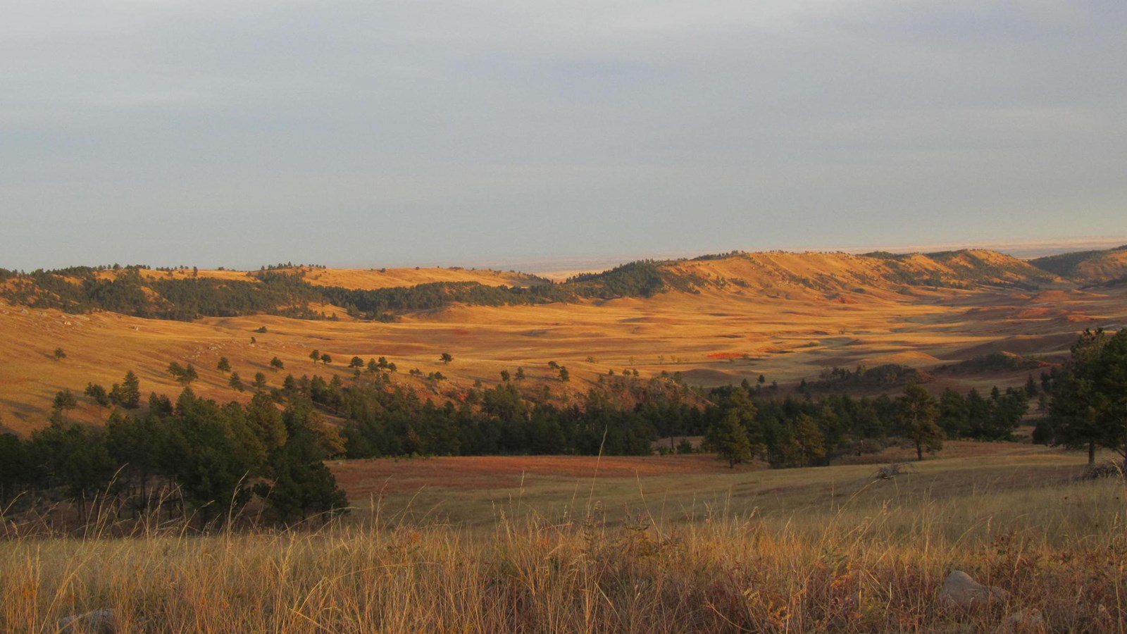 an open prairie landscape including a valley with reddish soil and rolling hills in the distance