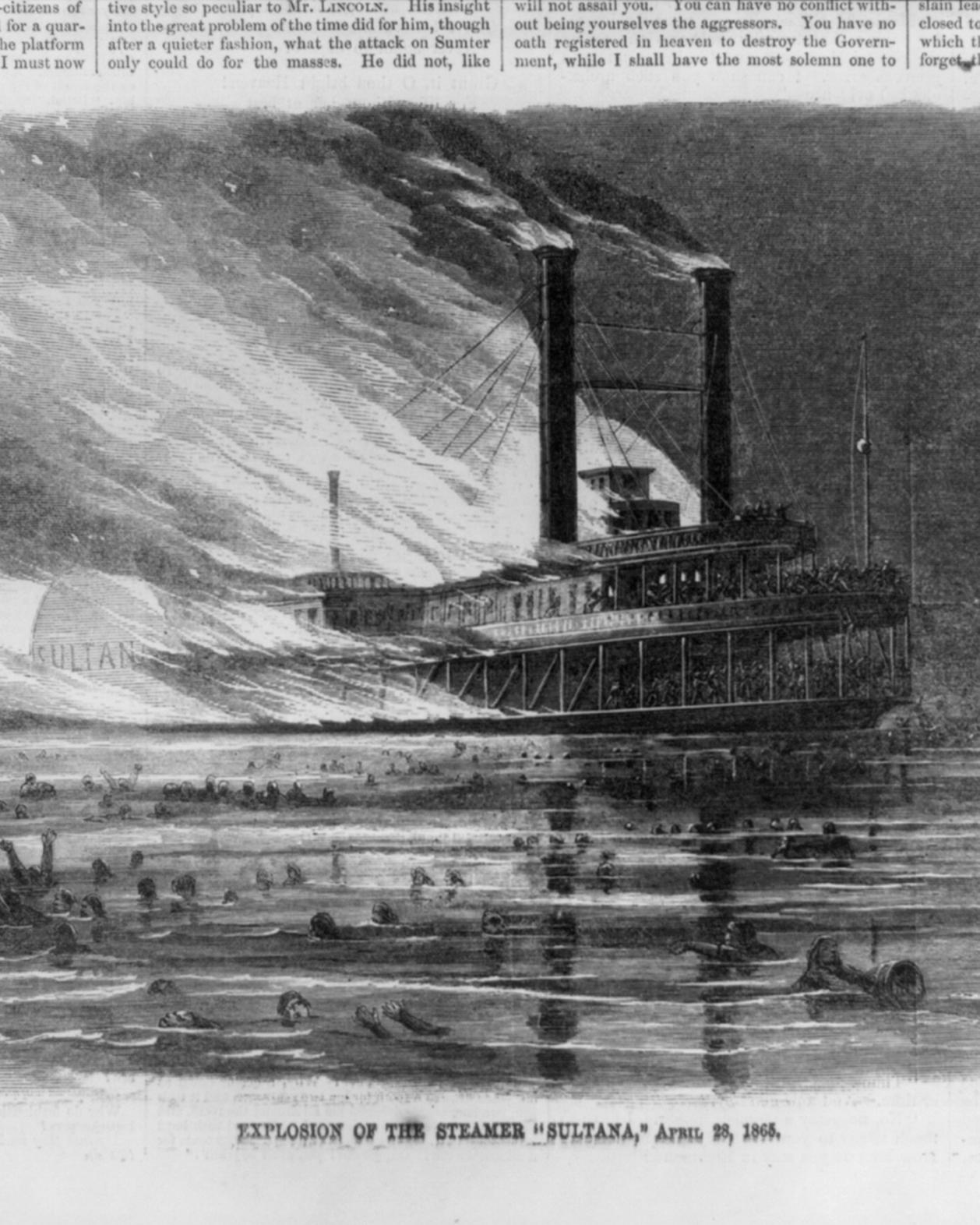 Explosion of the steamer Sultana with people aboard the burning ship and in the surrounding river.
