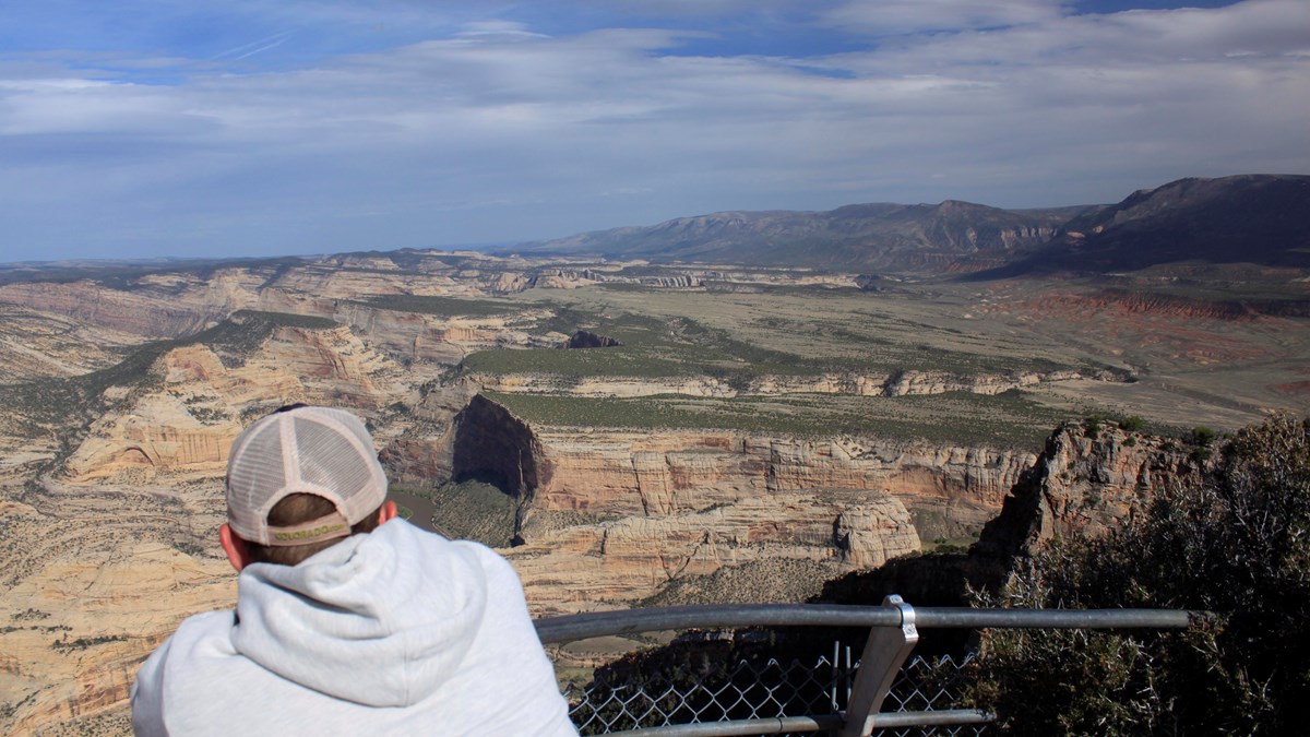 A person in a ball cap leans on a railing and looks towards large cliffs and mountains.