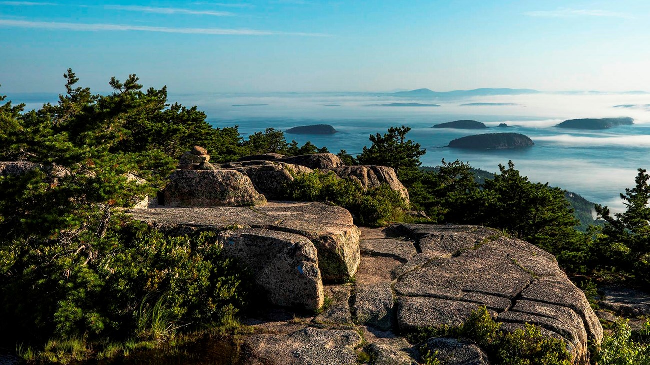 A clear view of the Porcupine Islands from the summit of Champlain Mountain just after sunrise.