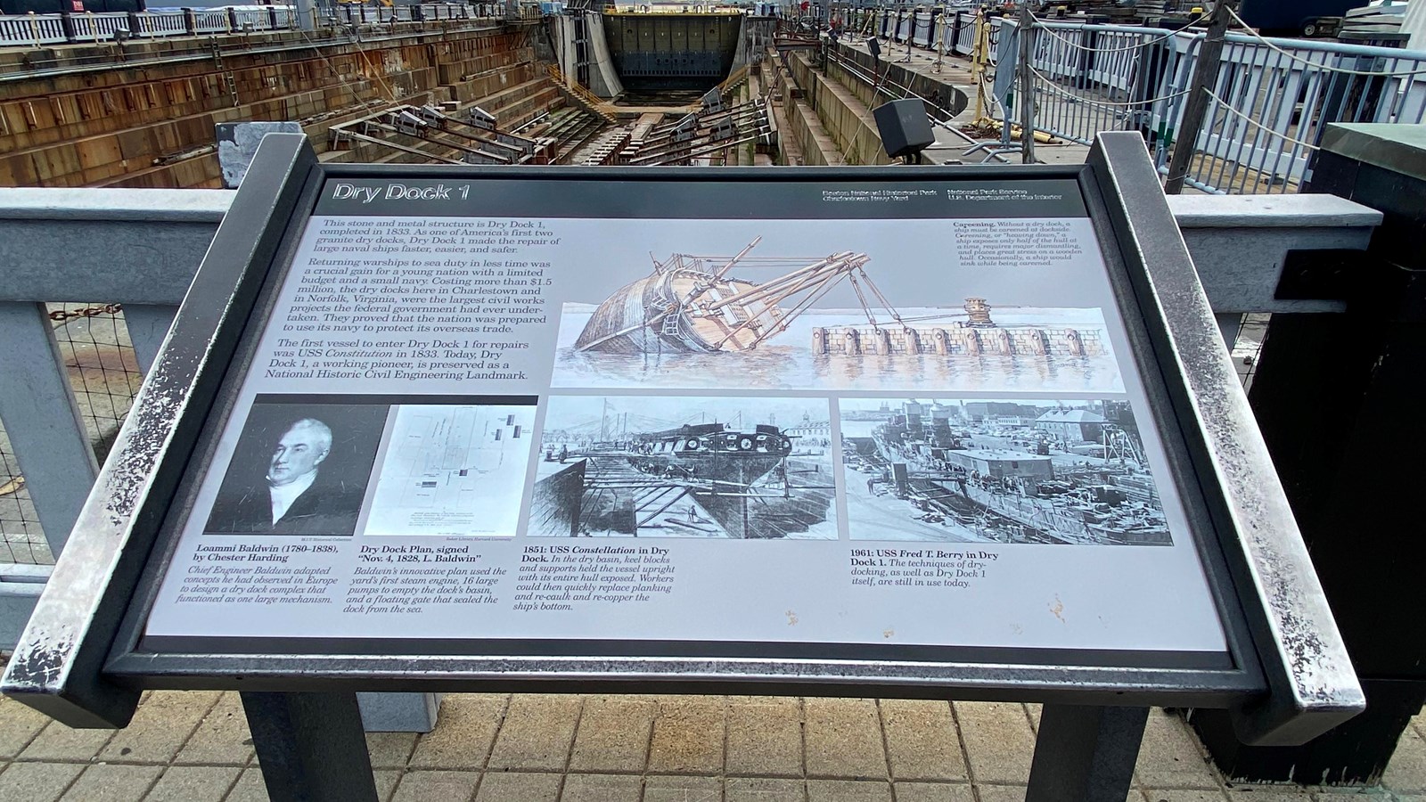 wayside at Charlestown Navy Yard with words and images about dry dock 1