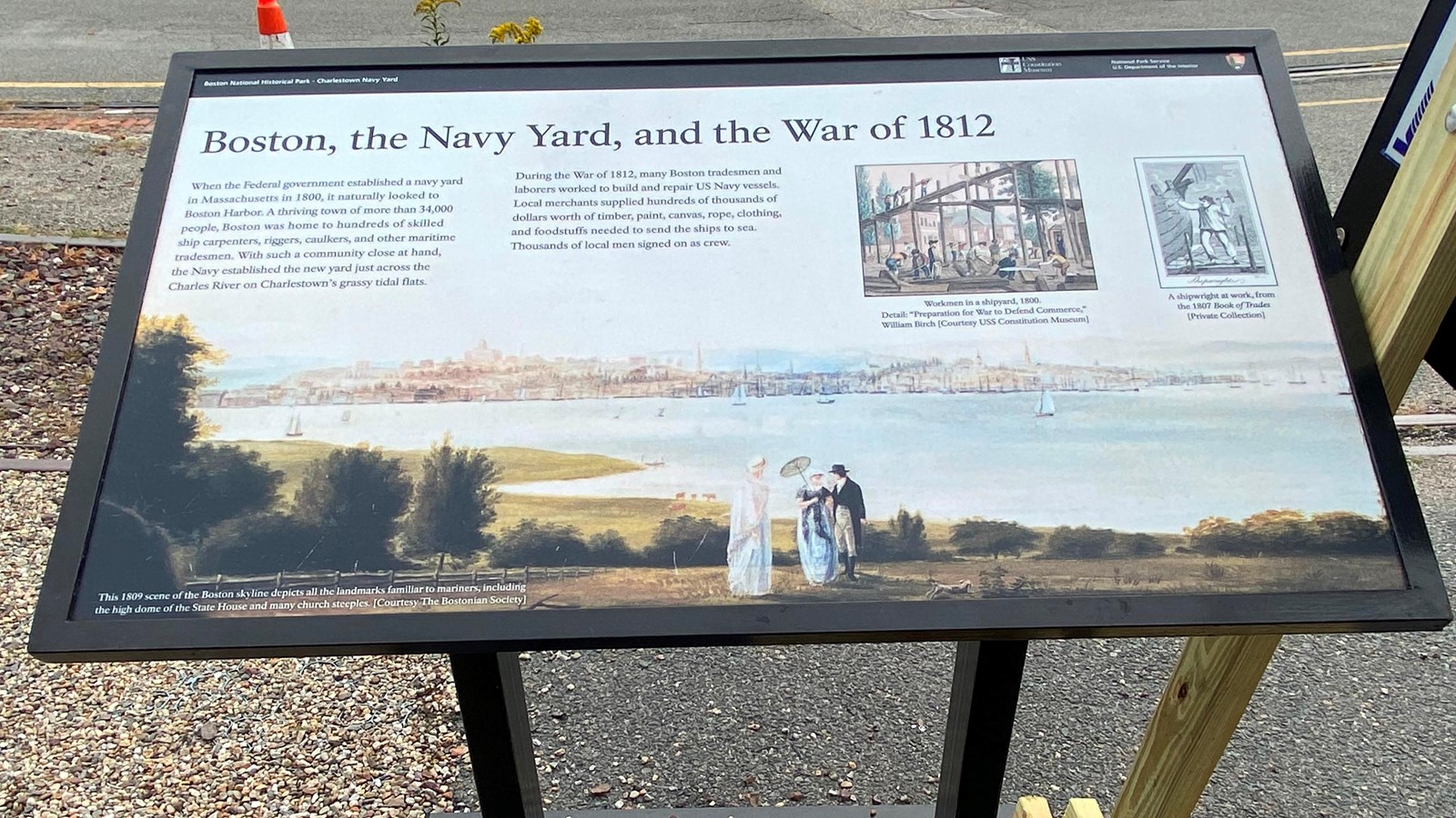 wayside at charlestown navy yard with pictures and words about Boston, the Yard, and War of 1812