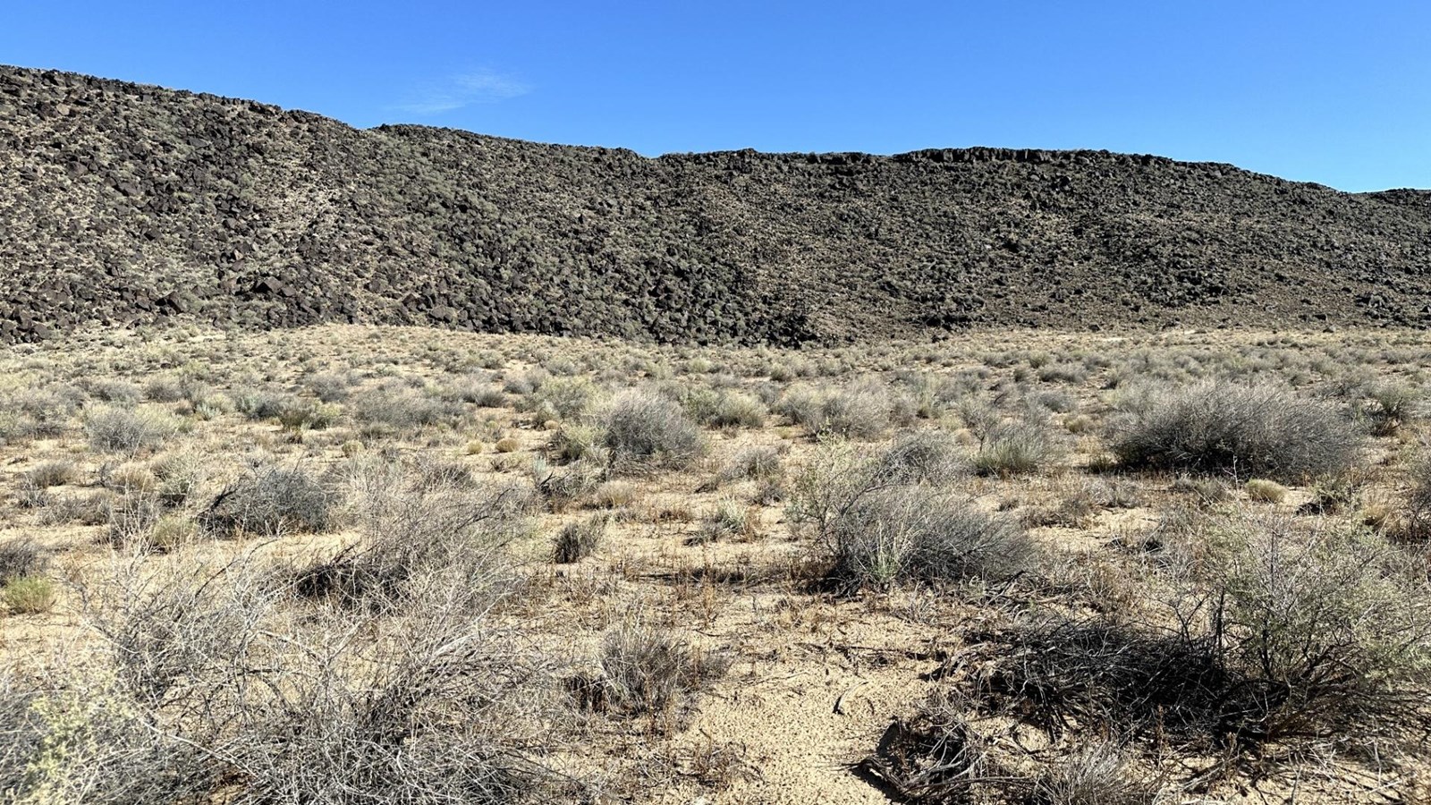 A desert and volcanic landscape under a blue sky.