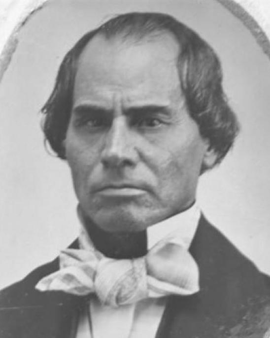 Mid 19th century black and white portrait photo of William Bent in suit and bow tie