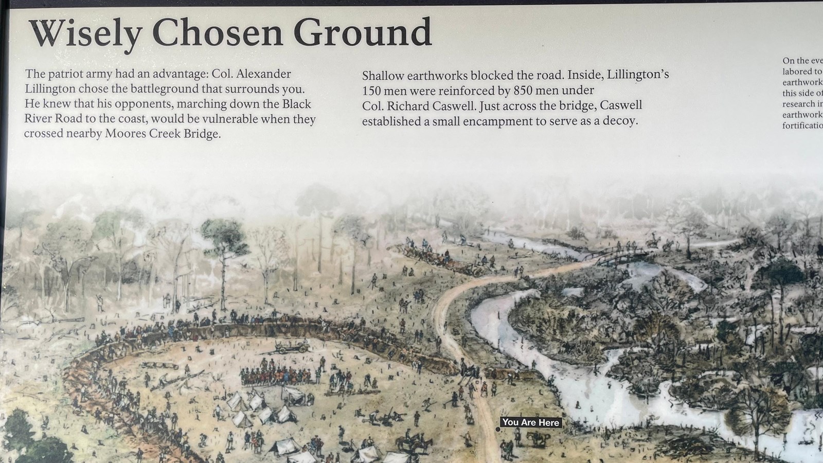 A drawing of the Patriot encampment on a 36x24 wayside exhibit panel.