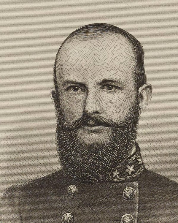 An 1800s portrait sketch shows a young man with short hair and a beard in an army uniform.