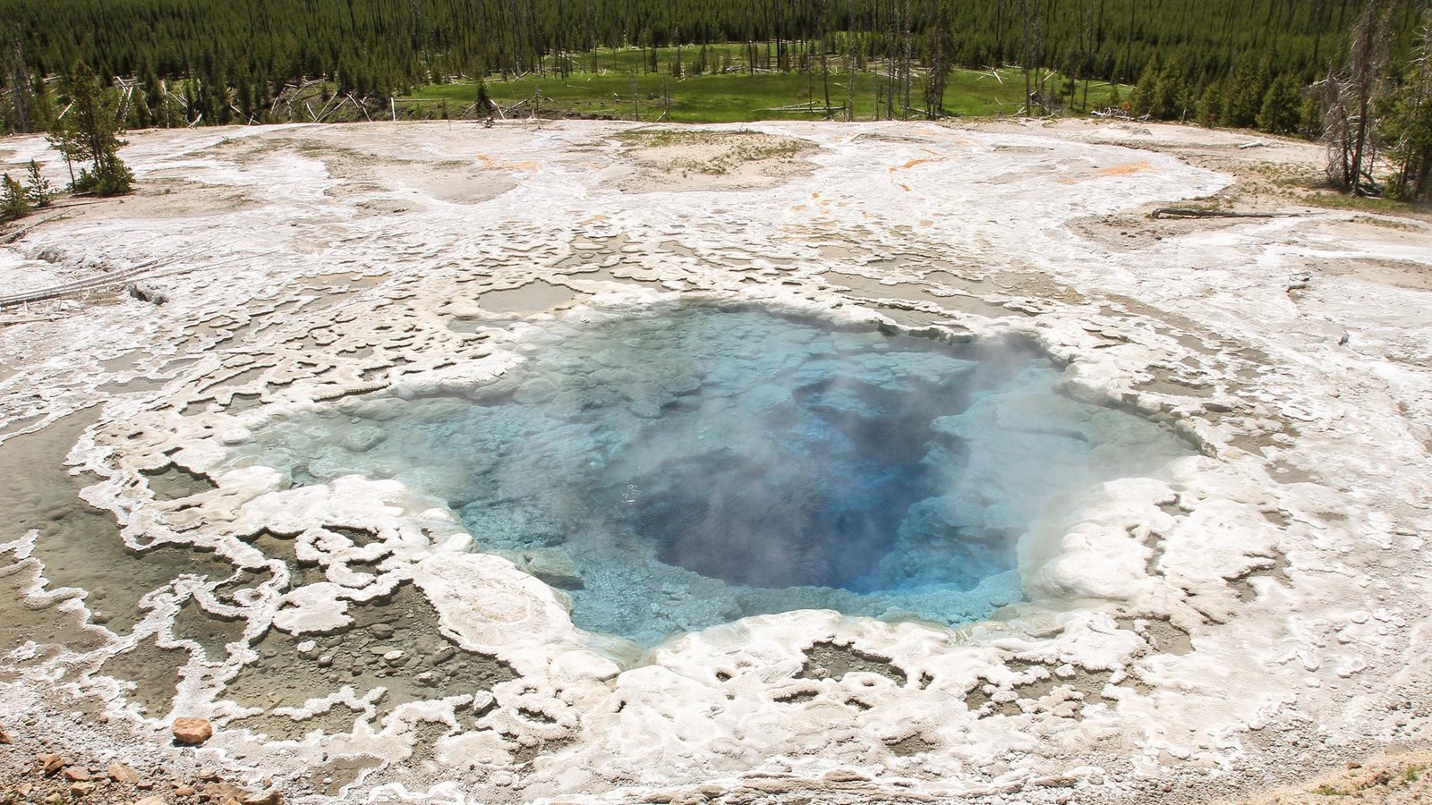 A deep, blue hot spring surrounded by white sinter deposits.