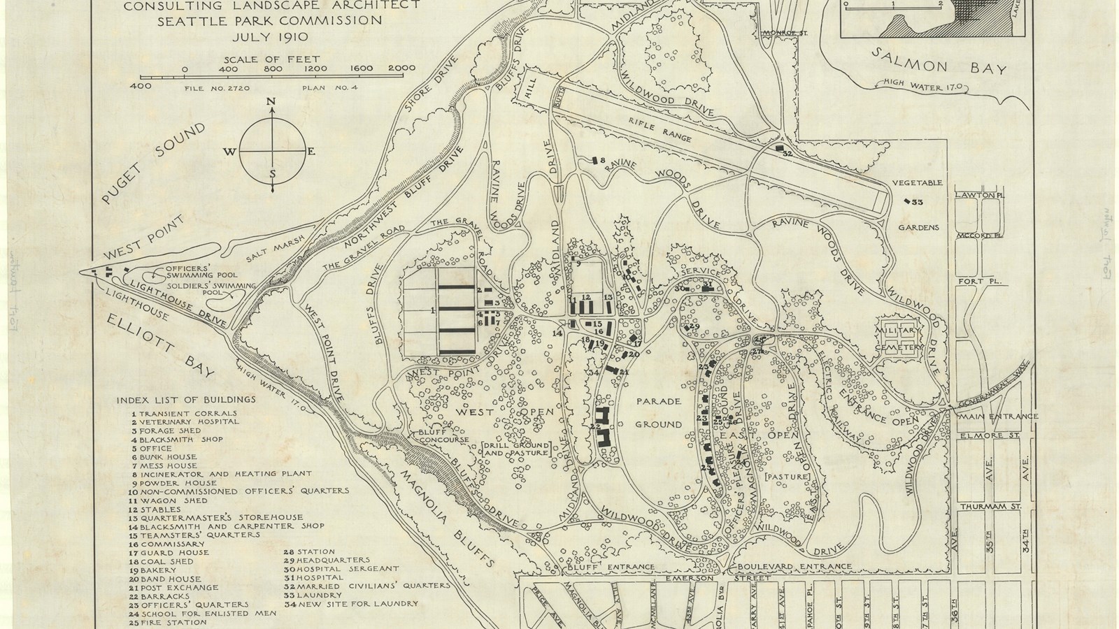 Plan of park in shape of bird head with curving lines with lots of trees