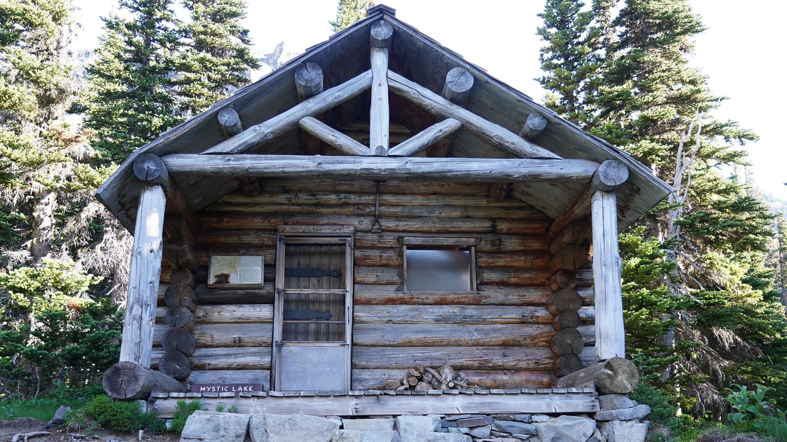 Log cabin on stone foundation surrounded by conifer trees