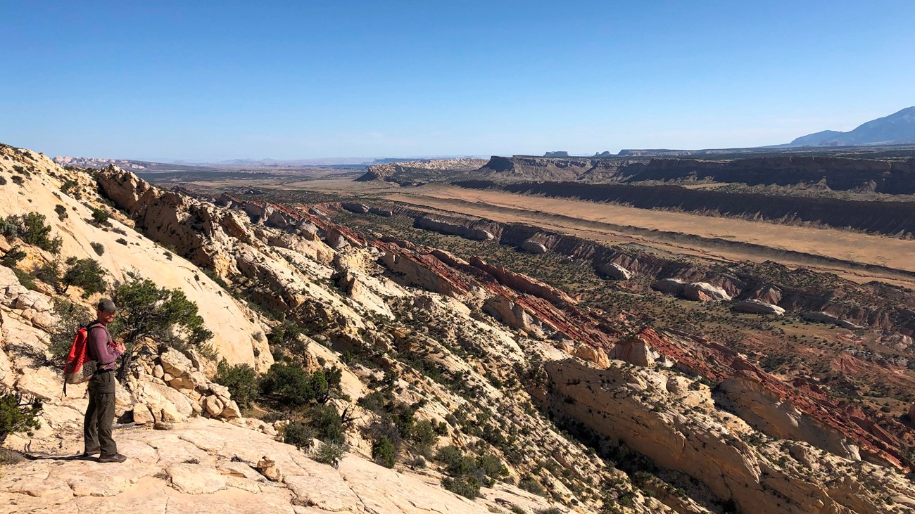 A hiker stands on top of rock cliff viewing vast valley below.