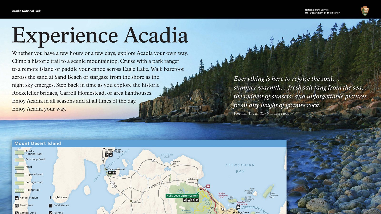 Backdrop featuring a beach lined with smooth rocks and a rugged cliff in the background, a map of Mo