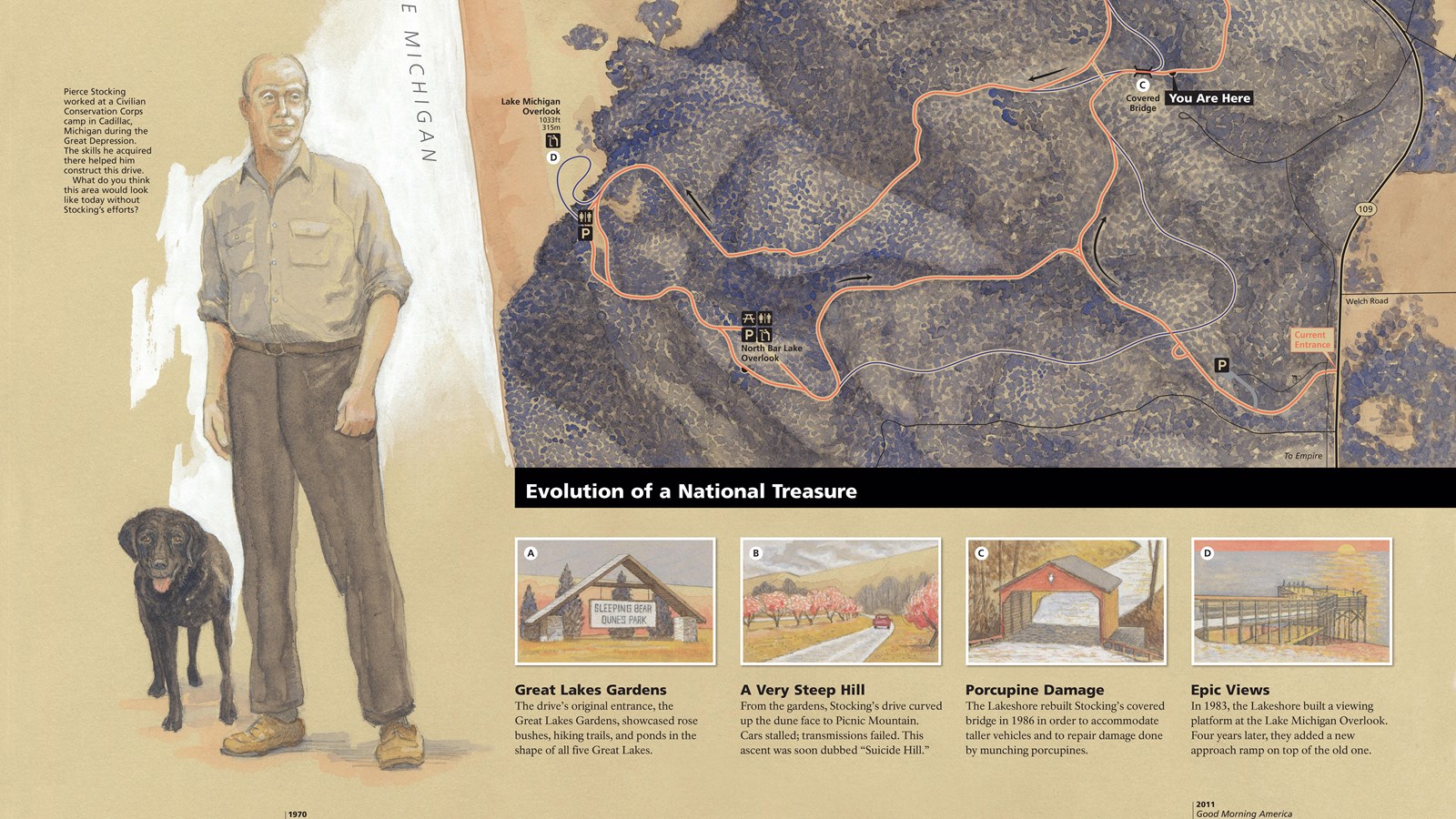 Illustration of Pierce Stocking and the land he conserved