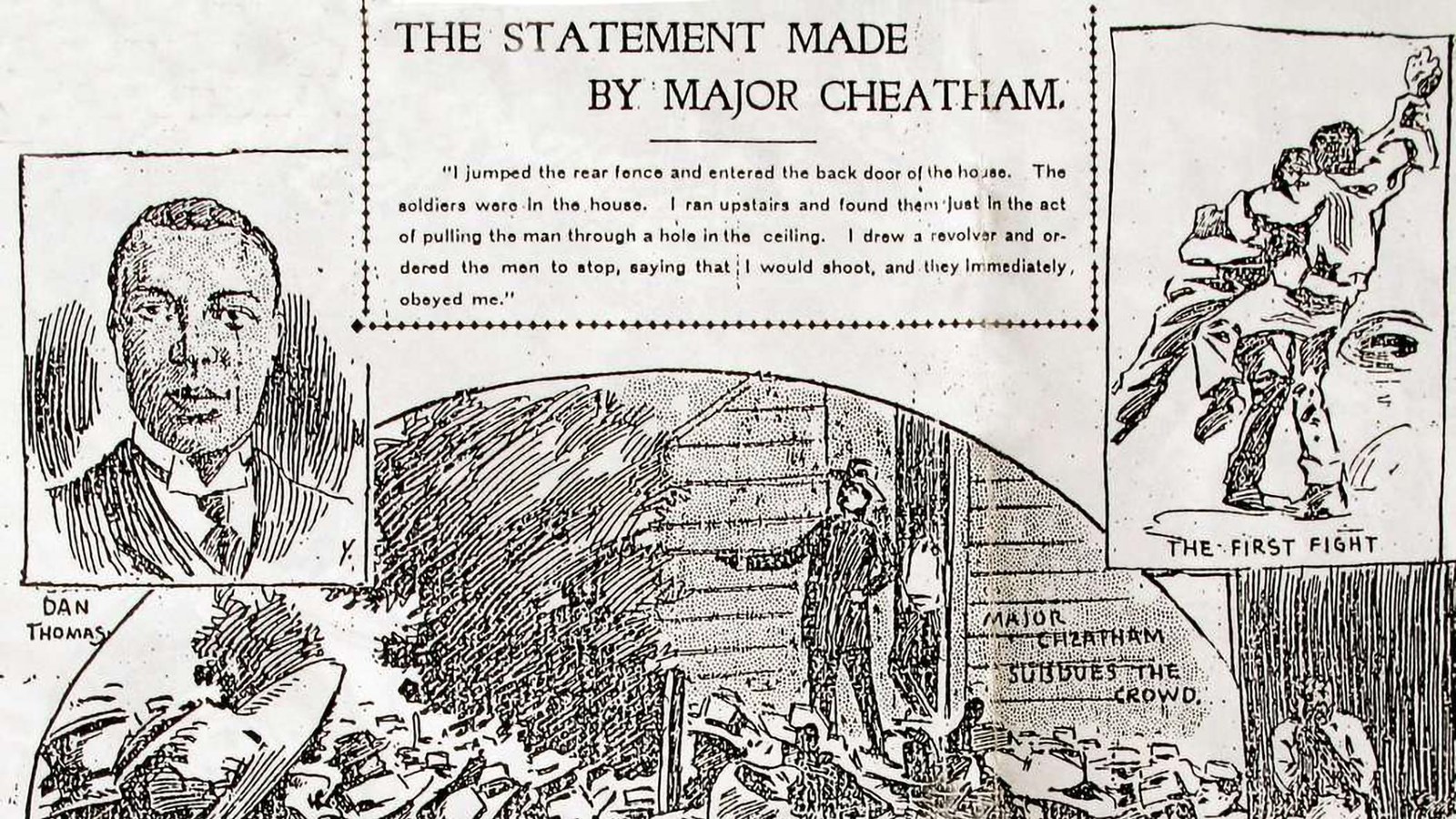 Illustrated depiction of the described incident. An image of a man speaking to a group of people. 