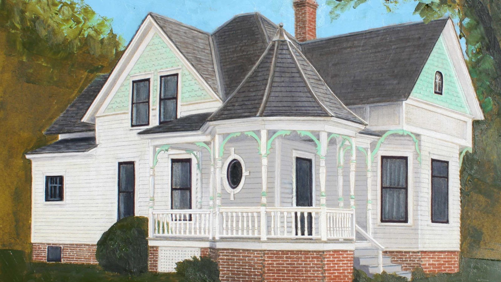 A painting depicts a white and blue house with a big porch and a round pointed roof.