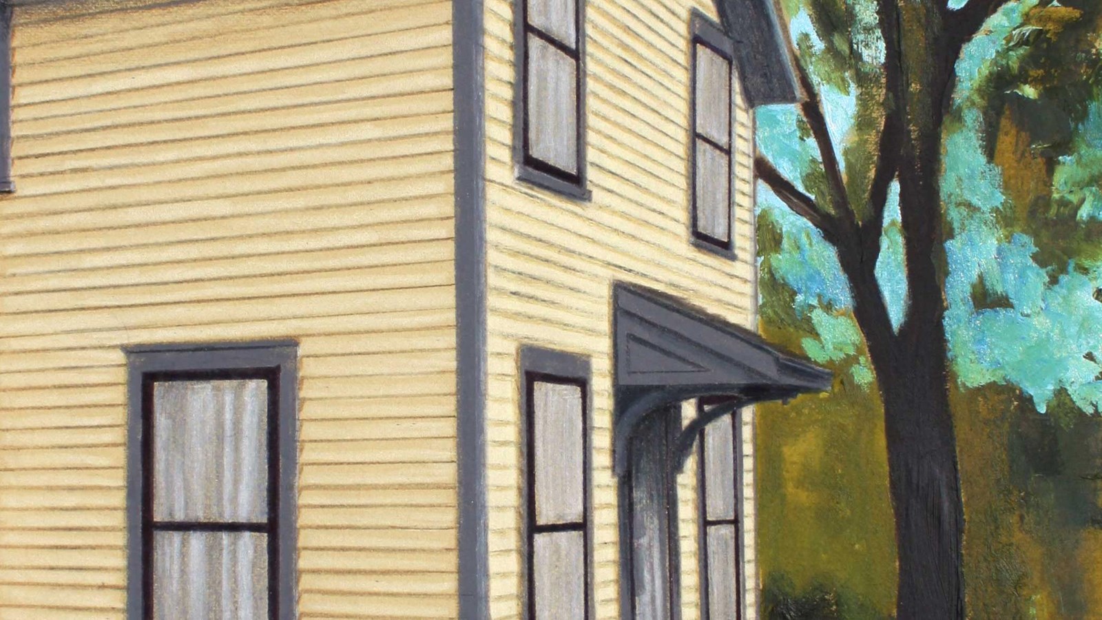 A painting depicts a boxy yellow two story house. 