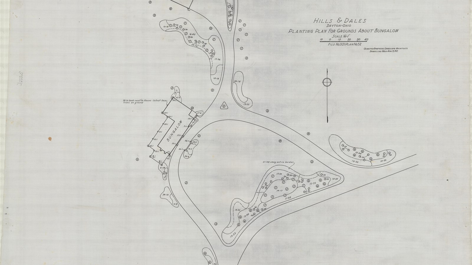 Curving road with buildings and circles to show trees