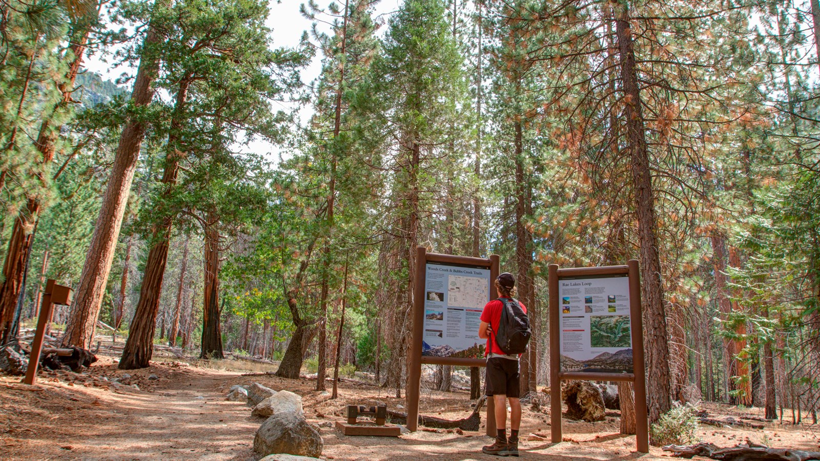 Two metal signs are found at a trailhead, and have a map, mileage, and other trail information.