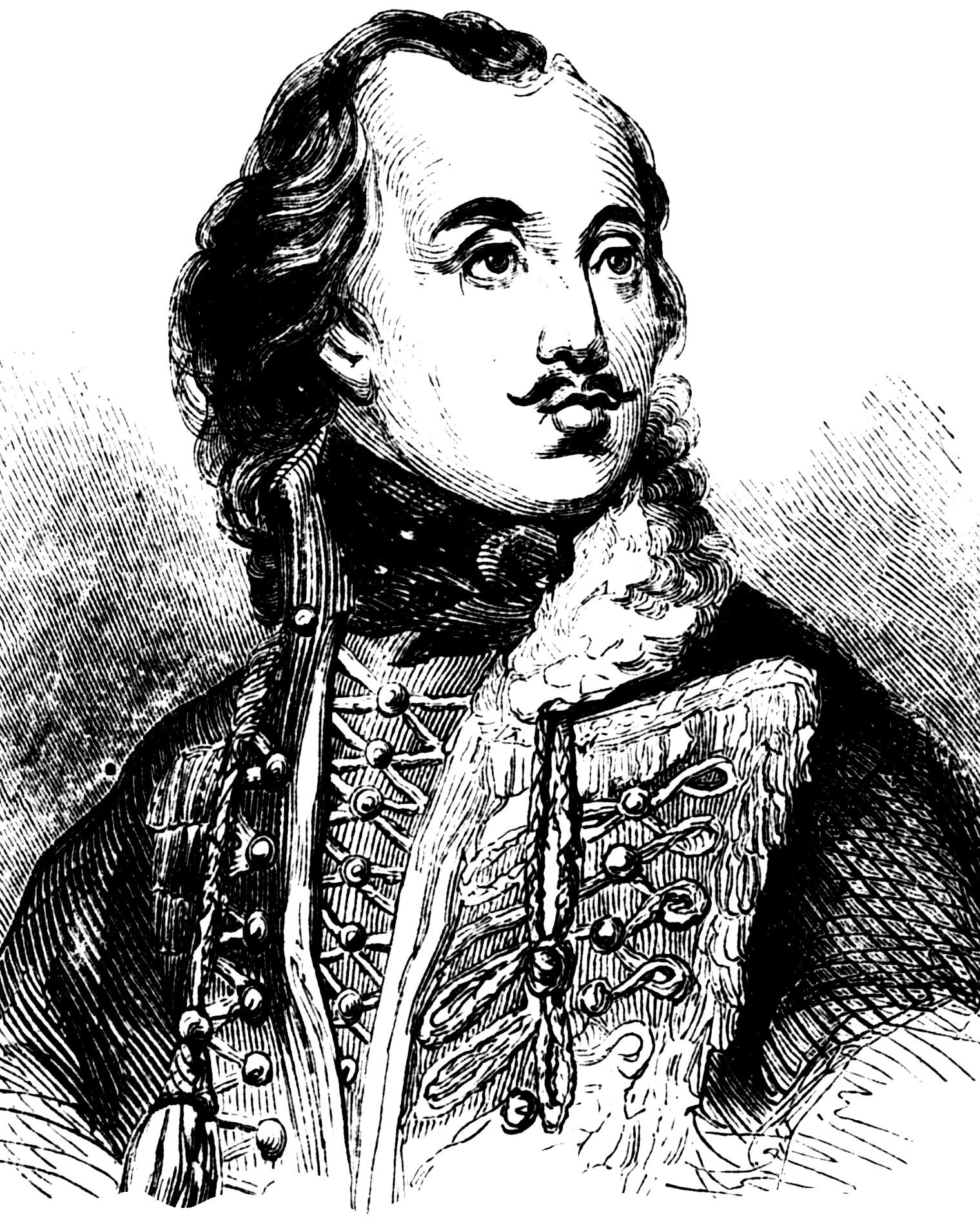 A line portrait of a man in 18th century clothing.