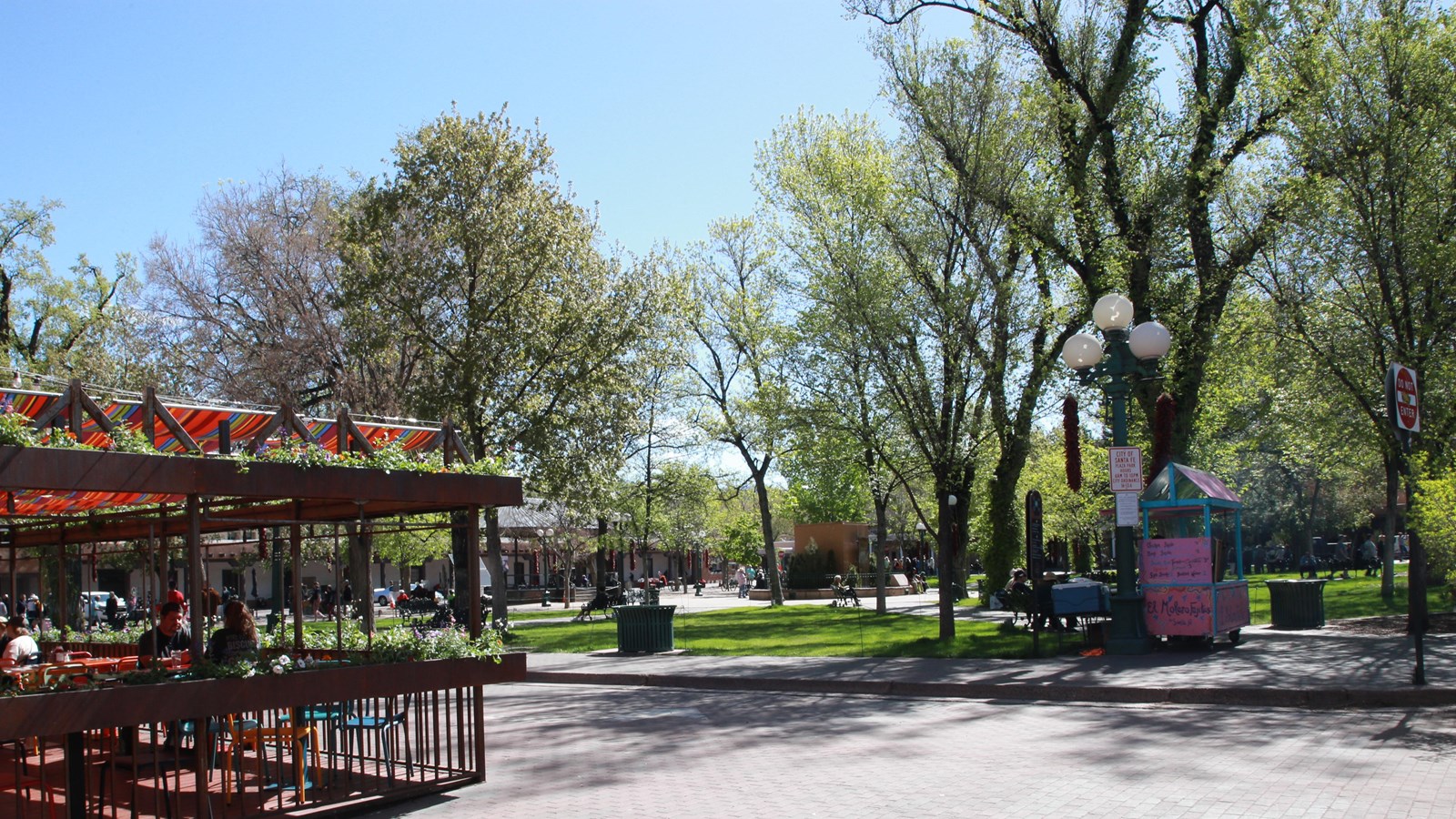 A restaurant piazza with a large grass-covered park with tall trees.