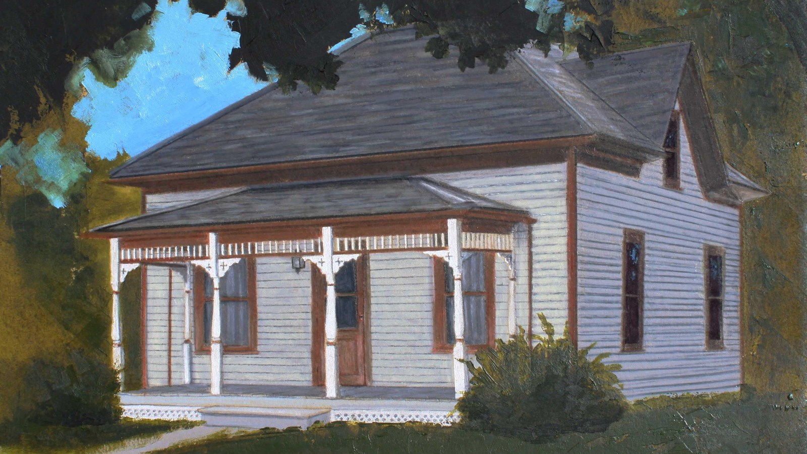 A painting depicts a two-story cream colored house with brown trim.