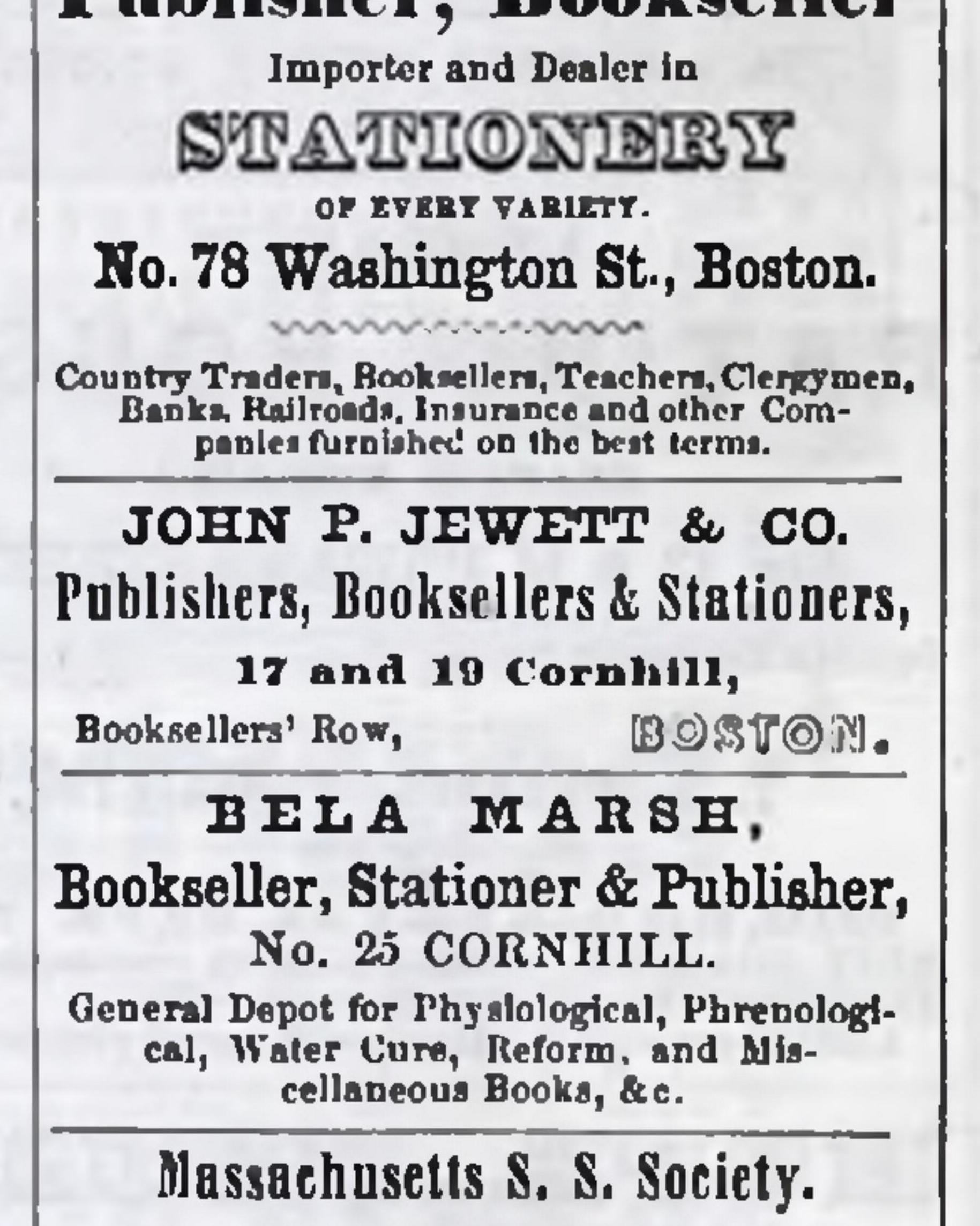Page with two columns of advertisements in the 1851 Boston directory